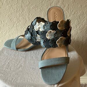 Coach: Blue Mae (G3689) Mule  Sandals- Tea Rose Appliqué- 8.5